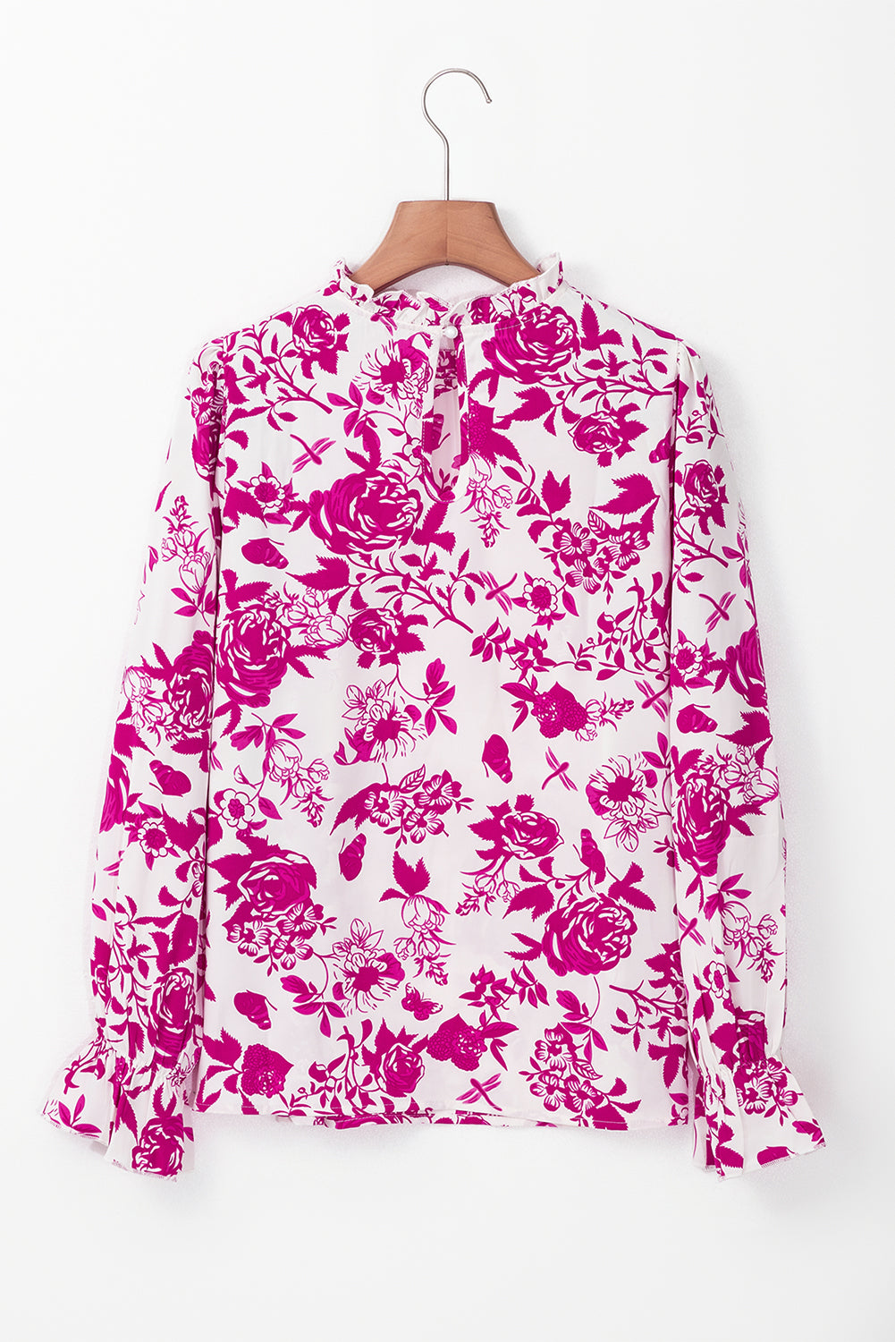 Floral Print Flounce Sleeve Keyhole Back Blouse | Rose