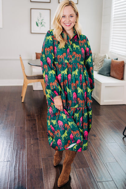 Horse Printed Long Sleeve Collared Buttoned Plus Size Midi Dress | Green