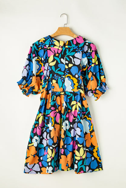 Split Neck Collared Plus Floral Dress | Blue