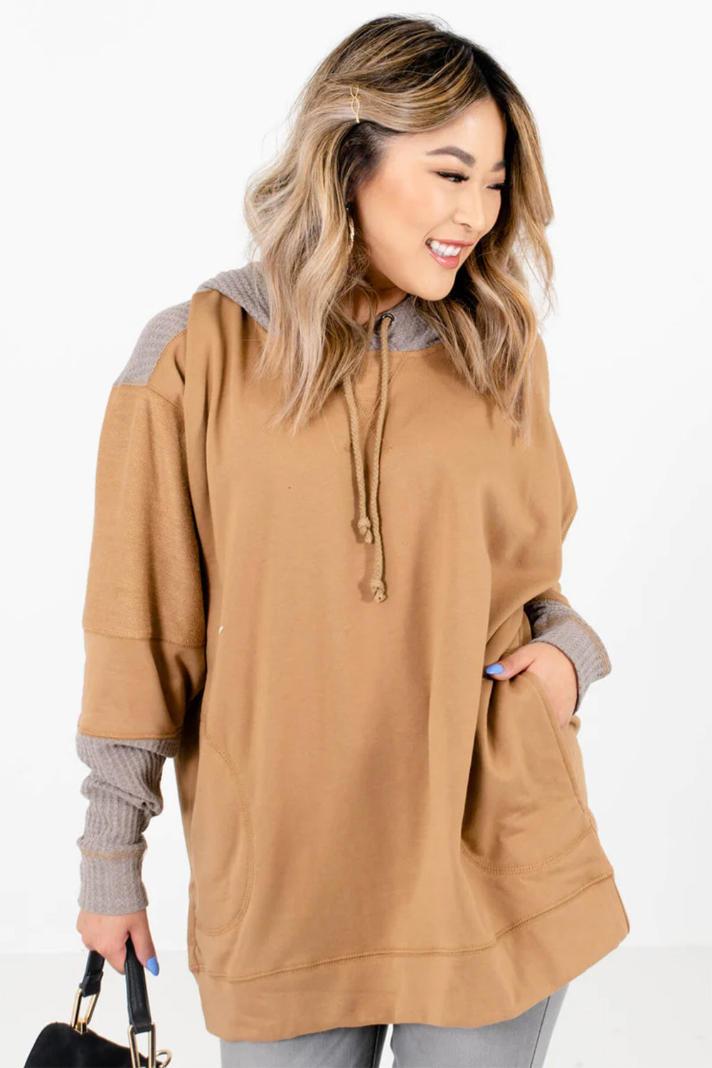 Contrast Hood Patchwork Pocketed Baggy Sweatshirt | Camel