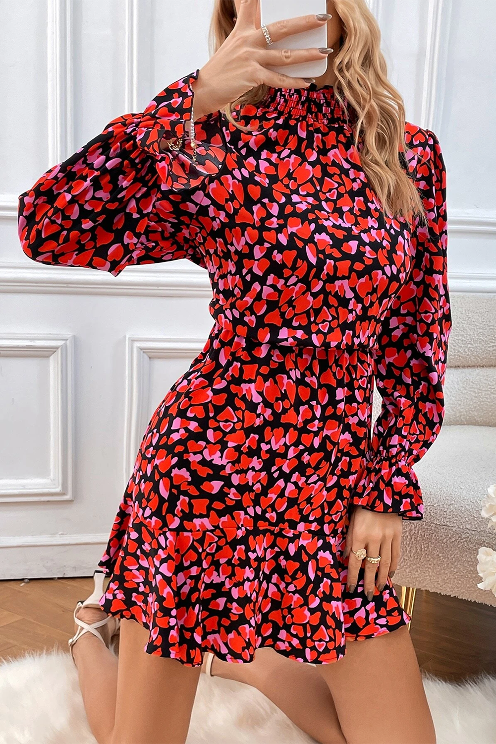 Valentines Day Heart Shape Print Long Sleeve Mini Dress | Red