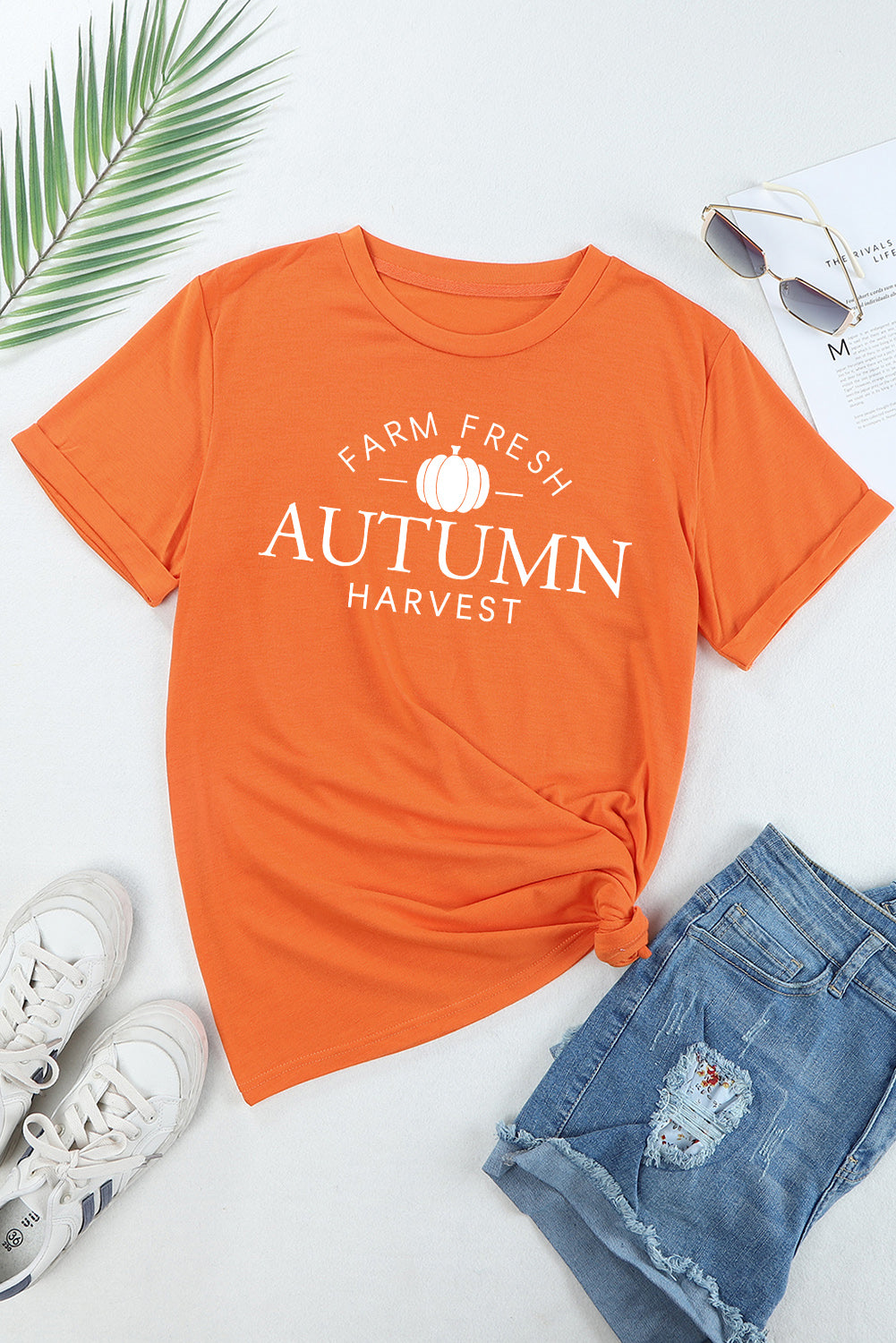 Farm Fresh Autumn Harvest Pattern Crew Neck T Shirt | Orange