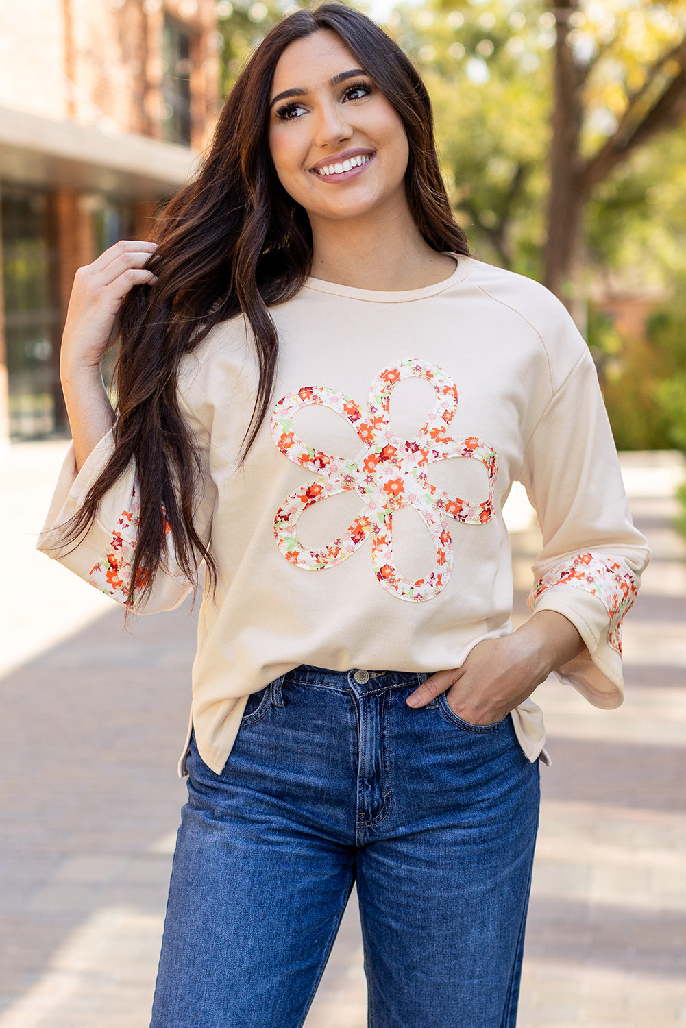 Flower Patch Graphic Exposed Seam Wide Sleeve Top | Beige