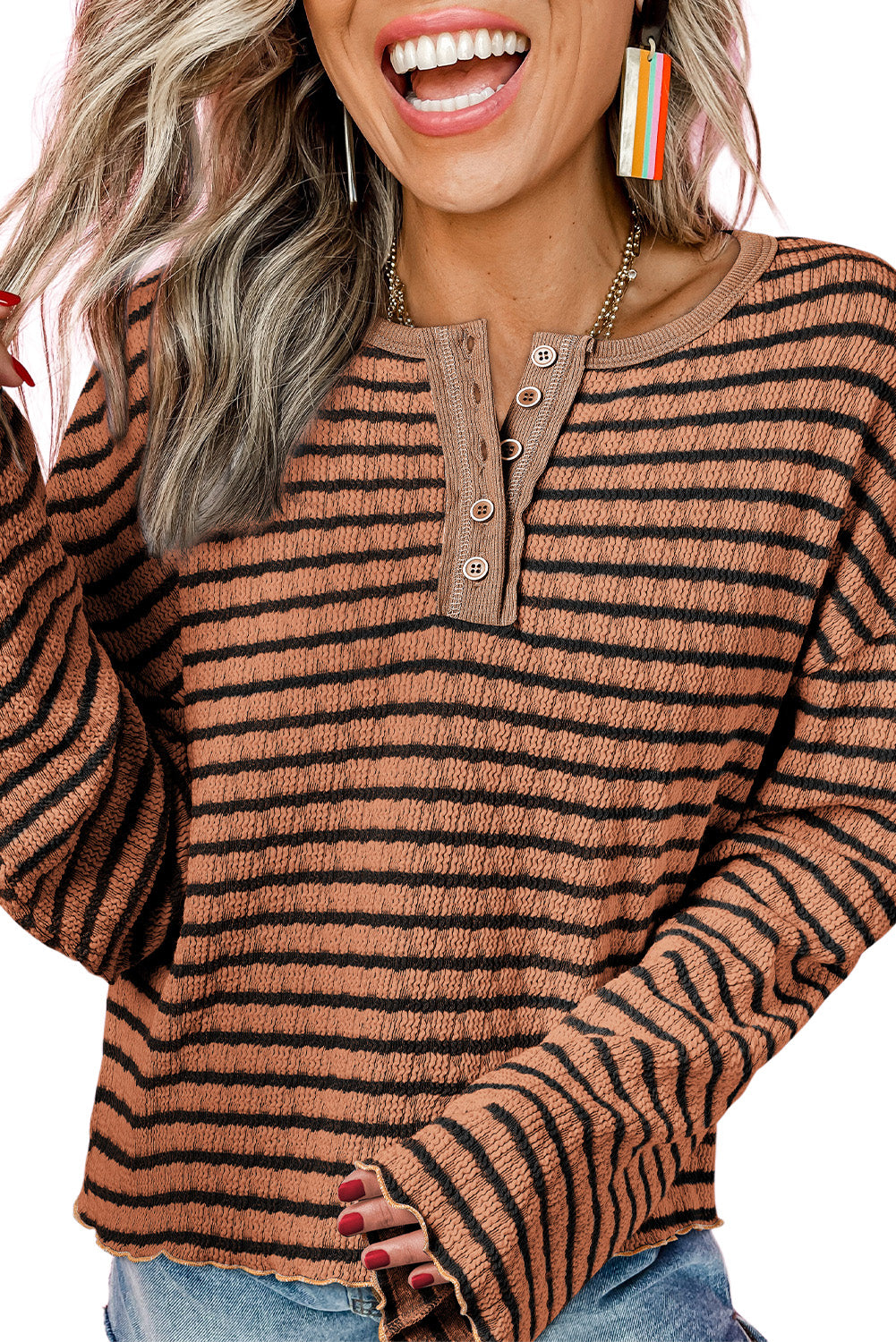 Textured Frilly Trim Buttons Henley Long Sleeve Top | Brown Stripe