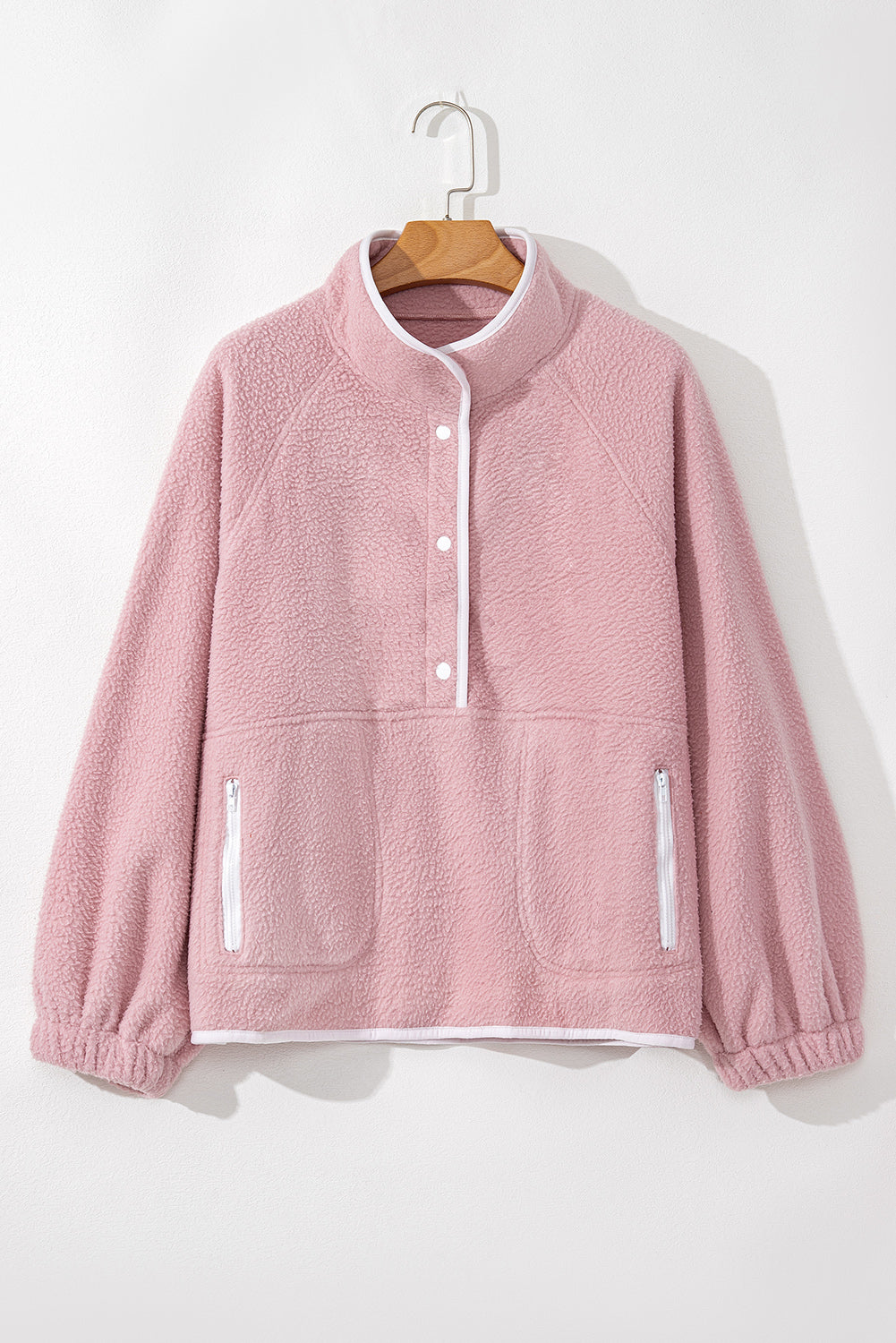 Stand Neck Half Button Zip Pocket Plush Sweatshirt | Fushia