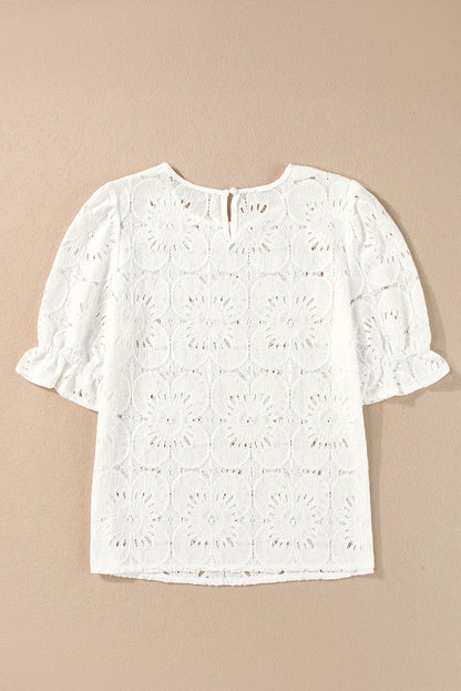 Flower Eyelet Jacquard Keyhole Flounce Sleeve Top | White