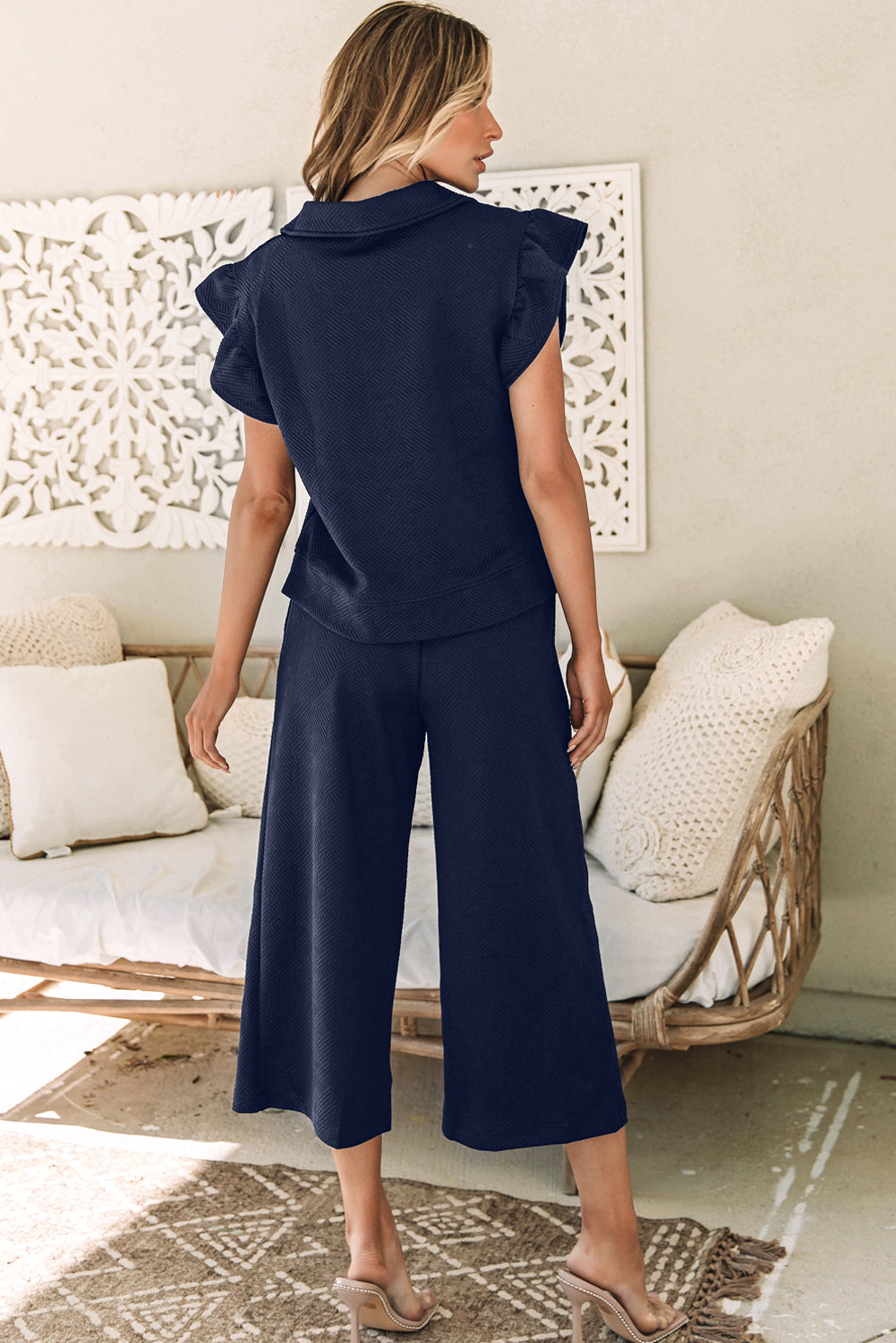 Textured Flutter Sleeve Top Wide Leg Pants Set | Navy Blue