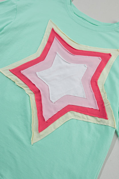 Colourblock Star Patched Half Sleeve Oversized Tee | Moonlight Jade