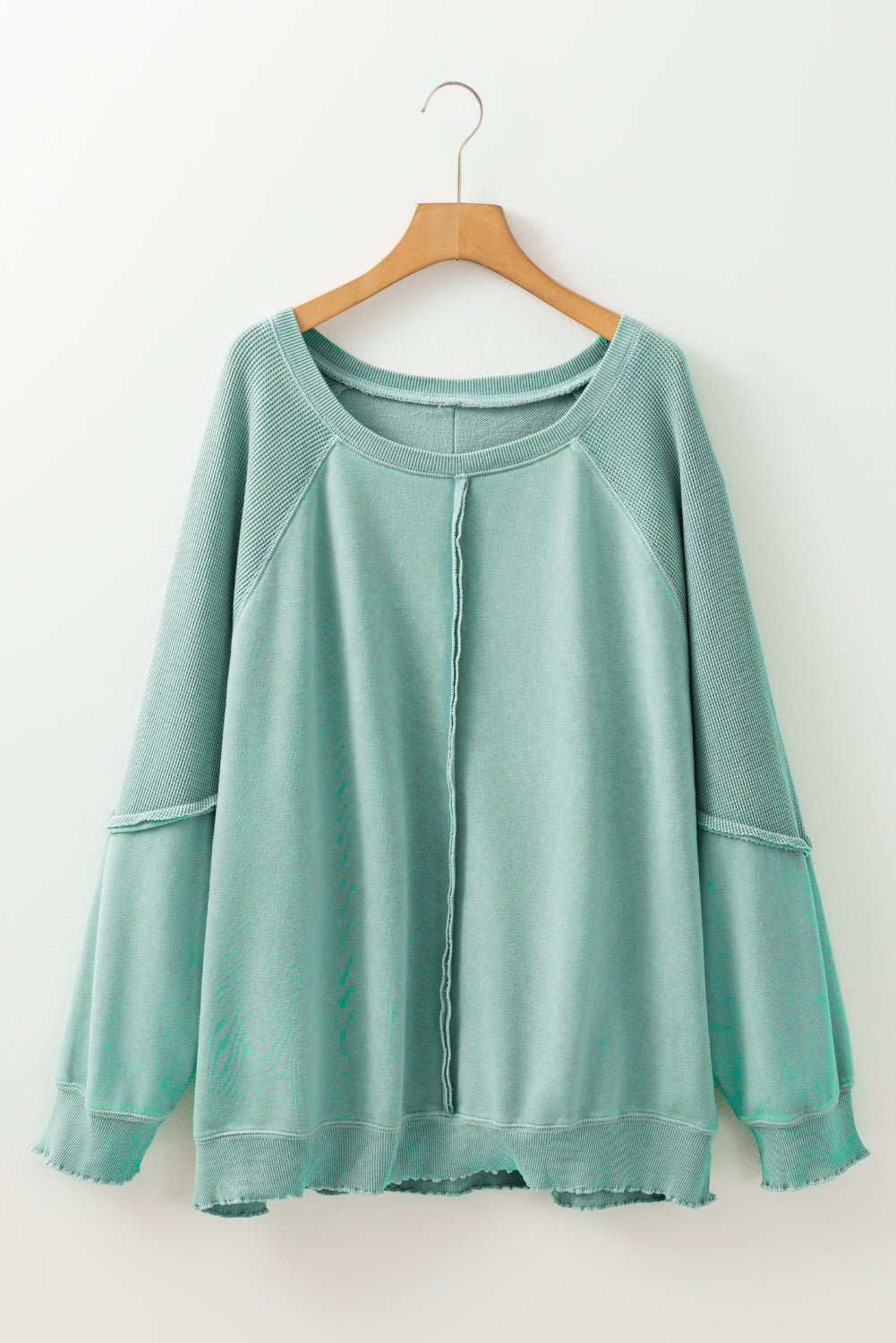 Textured Patchwork Frilled Trim Plus Size Pullover Sweatshirt | Mineral Blue