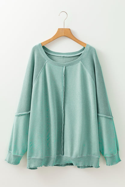 Textured Patchwork Frilled Trim Plus Size Pullover Sweatshirt | Mineral Blue