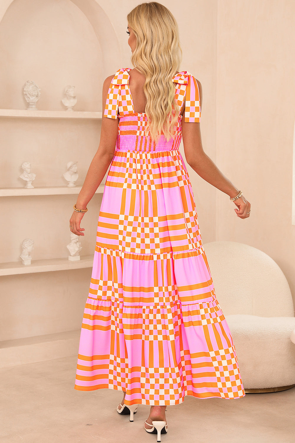 Boho Gingham Tied Straps Smocked Maxi Dress | Pink