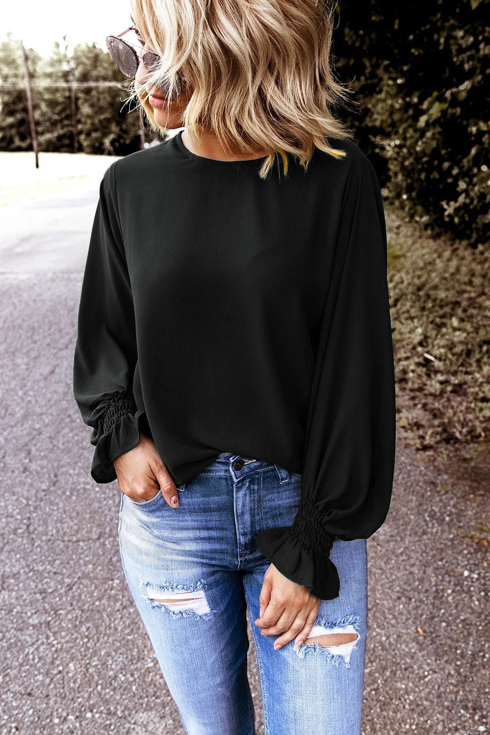 Crew Neck Ruffle Bubble Sleeve Top | Black