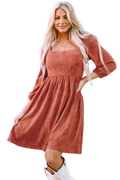 Suede Square Neck Puff Sleeve Dress | Brown