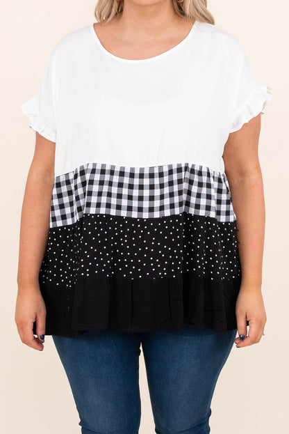 Plaid Dot Ruffled Plus Size Babydoll Top | White