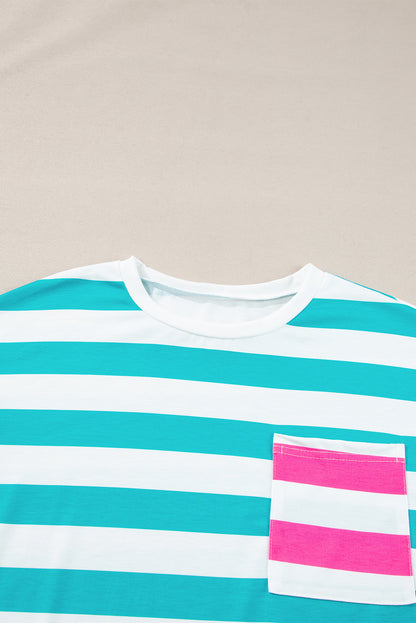 Contrast Patch Pocket Drop Sleeve T Shirt | Blue Stripe