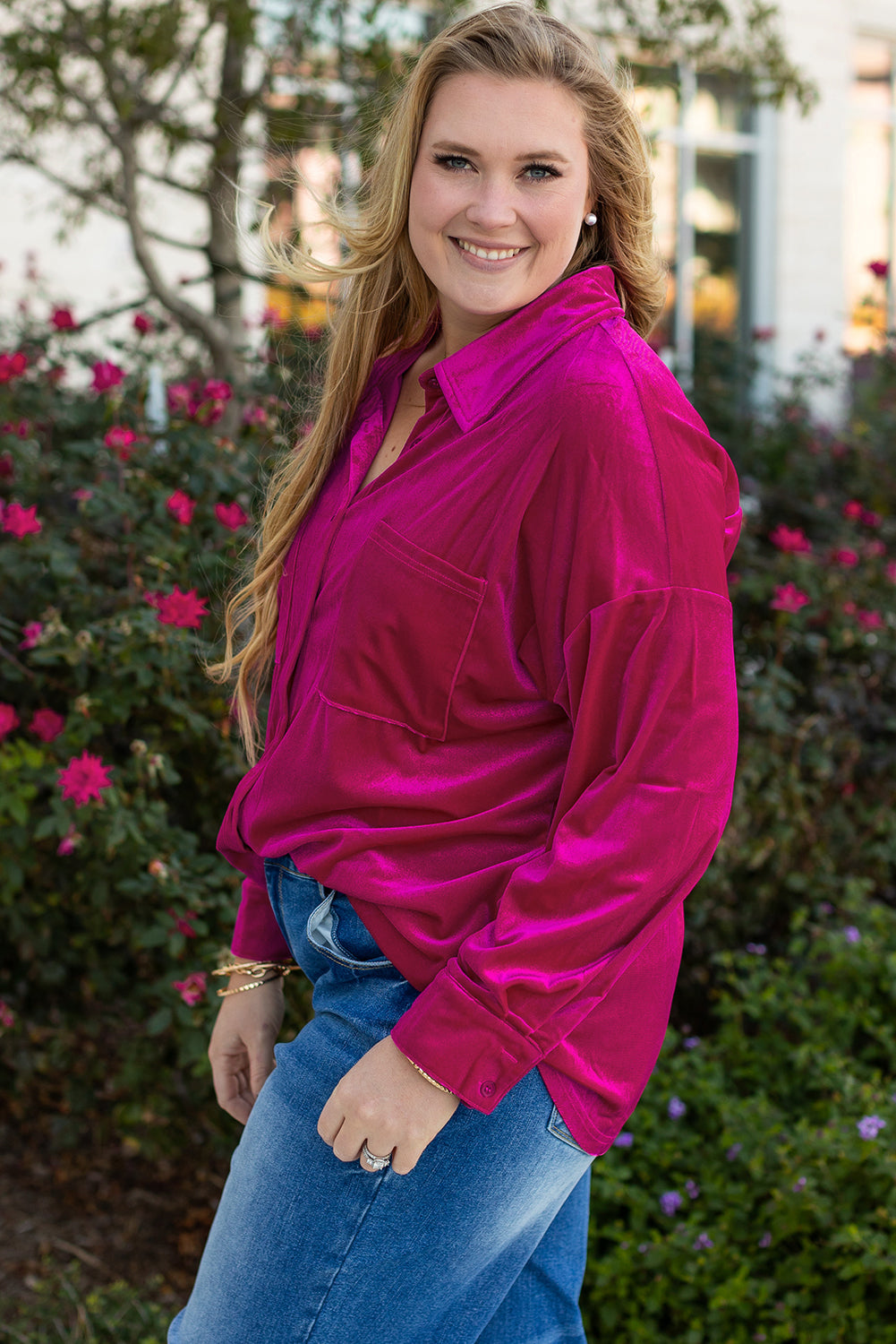 Plus Size Velvet Chest Pocket Drop Shoulder Shirt | Bright Pink