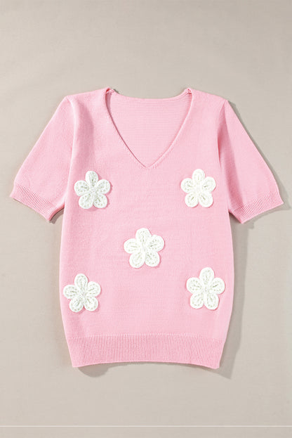 Flower Crochet V Neck Short Sleeve Sweater | Pink