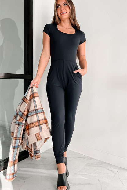 Short Sleeve Pocket Jogger Bottom Athleisure Jumpsuit | Black