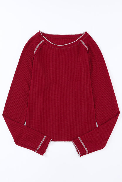 Fiery  Textured Round Neck Long Sleeve Top | Red