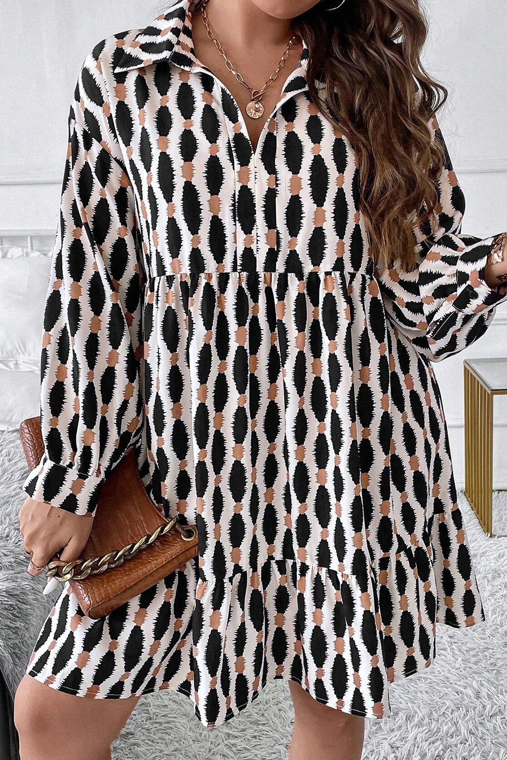 Geometric Print Collared V Neck Plus Size Mini Dress | Apricot