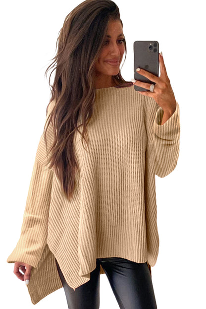 Cable Knit Drop Shoulder Side Slits Loose Sweater | Apricot