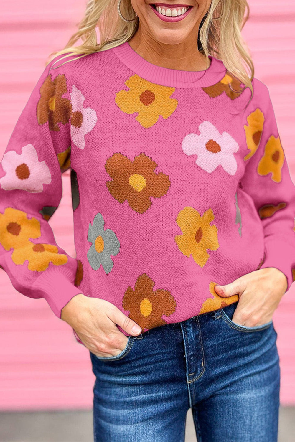 Pink Sweet Flower Knitted Ribbed Hem Sweater