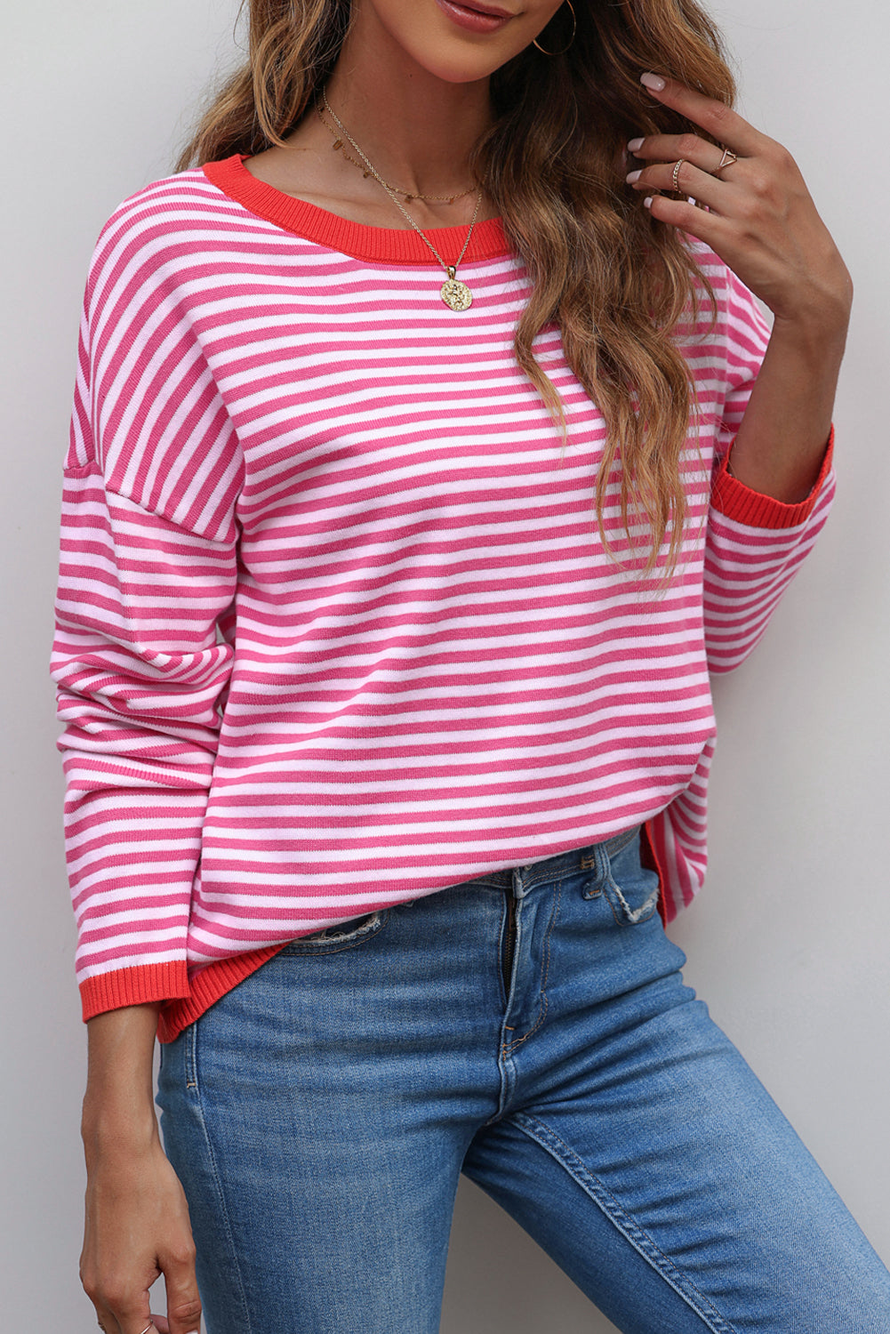 Contrast Trimmed Striped Drop Shoulder Sweater | Pink