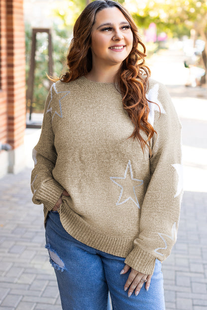 Star Pattern Drop Shoulder Plus Size Sweater | Khaki