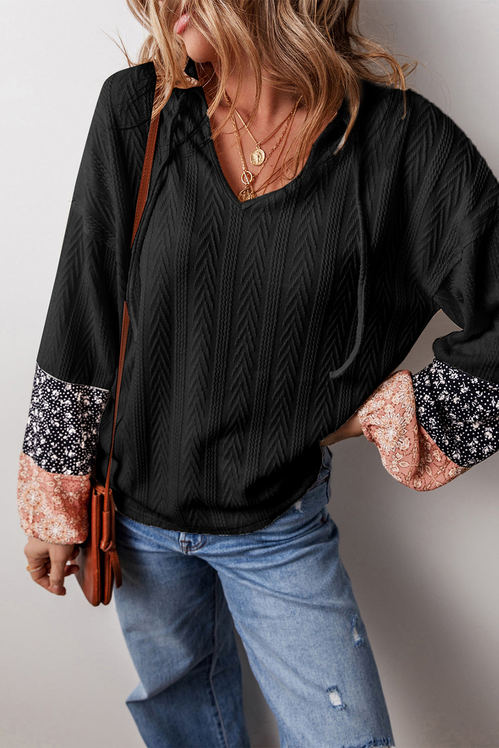 Floral Patchwork Textured Knit Drawstring V Neck Blouse | Black