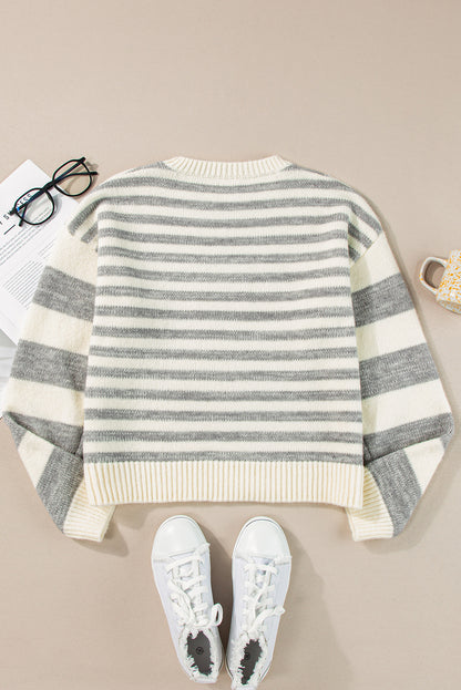 Drop Shoulder Crew Neck Sweater | Gray Stripe