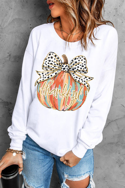 Polka Dot Bow Knot Pumpkin Print Thanksgiving Sweatshirt | Beige