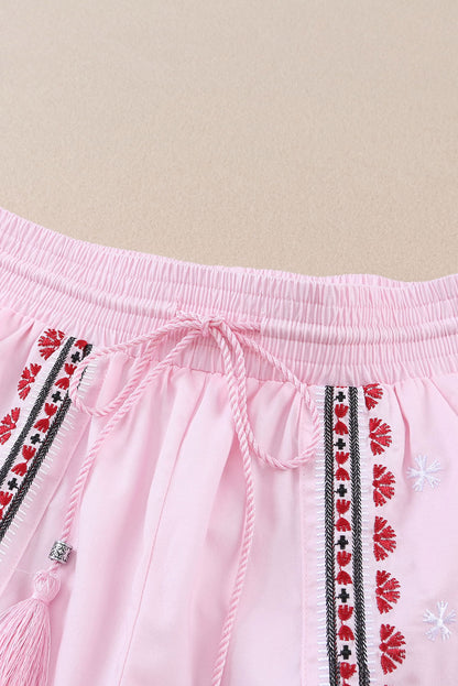 Boho Embroidered Floral Tasseled Drawstring Waist Casual Shorts | Pink