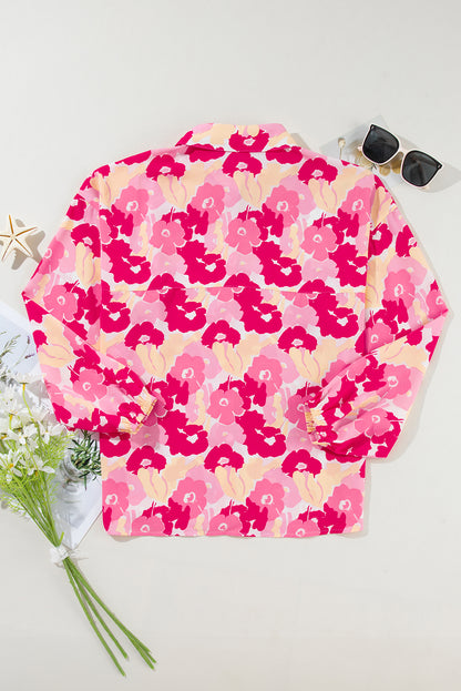 Blooming Floral Print Puff Sleeve Buttoned Shirt | Pink