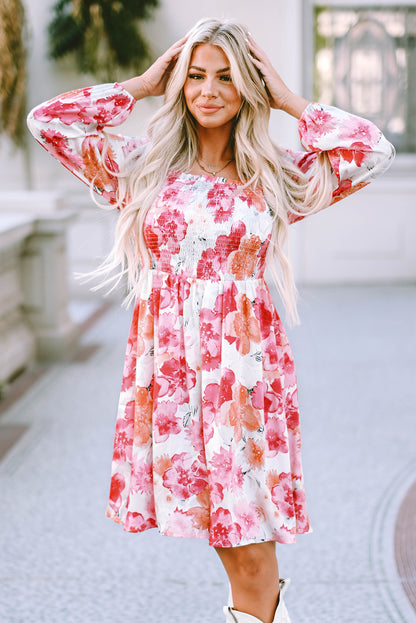 Floral Print Smocked Puff Sleeve Mini Dress | White