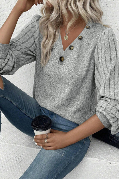 Buttoned V Neck Ribbed Puff Sleeve Top | Light Grey