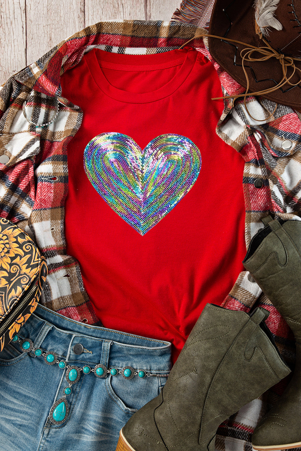 Rainbow Sequin Heart Shape Crew Neck T Shirt | Red