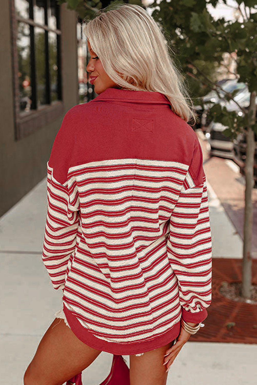 Buttoned V Neck Collared Drop Shoulder Top | Red Stripe