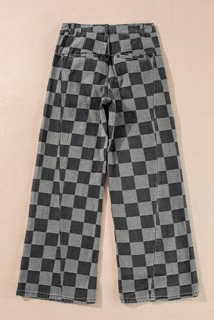 Checkered Denim Wide Leg Jeans | Dark Grey