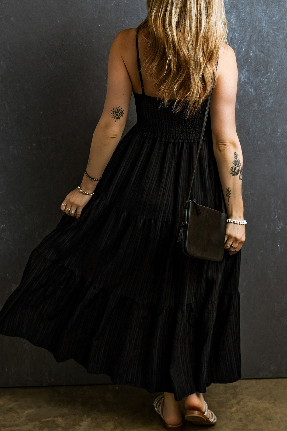 Spaghetti Straps Smocked Pleated Tiered Maxi Dress | Black