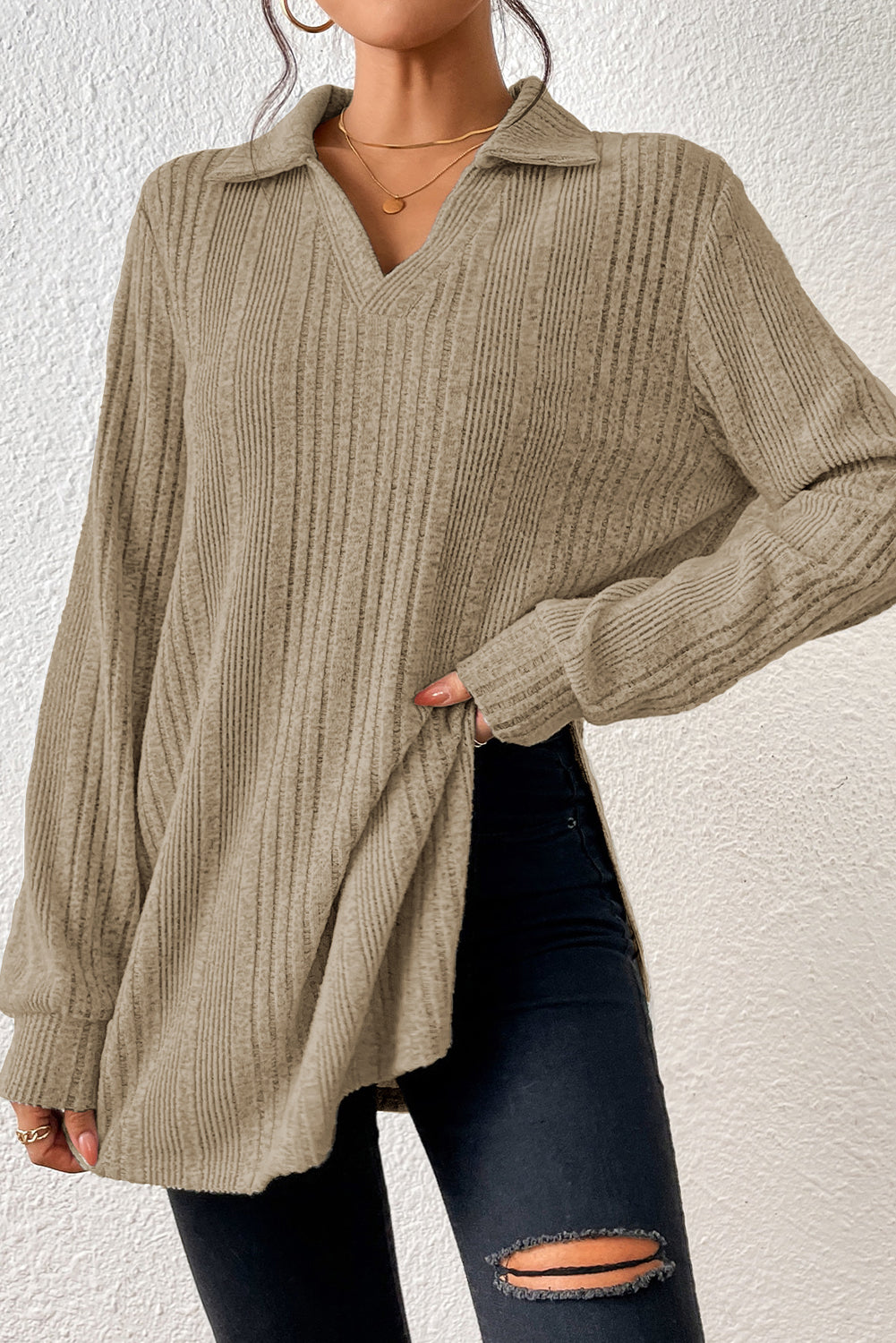 Ribbed Knit V Neck Collared Split Hem Tunic | Apricot