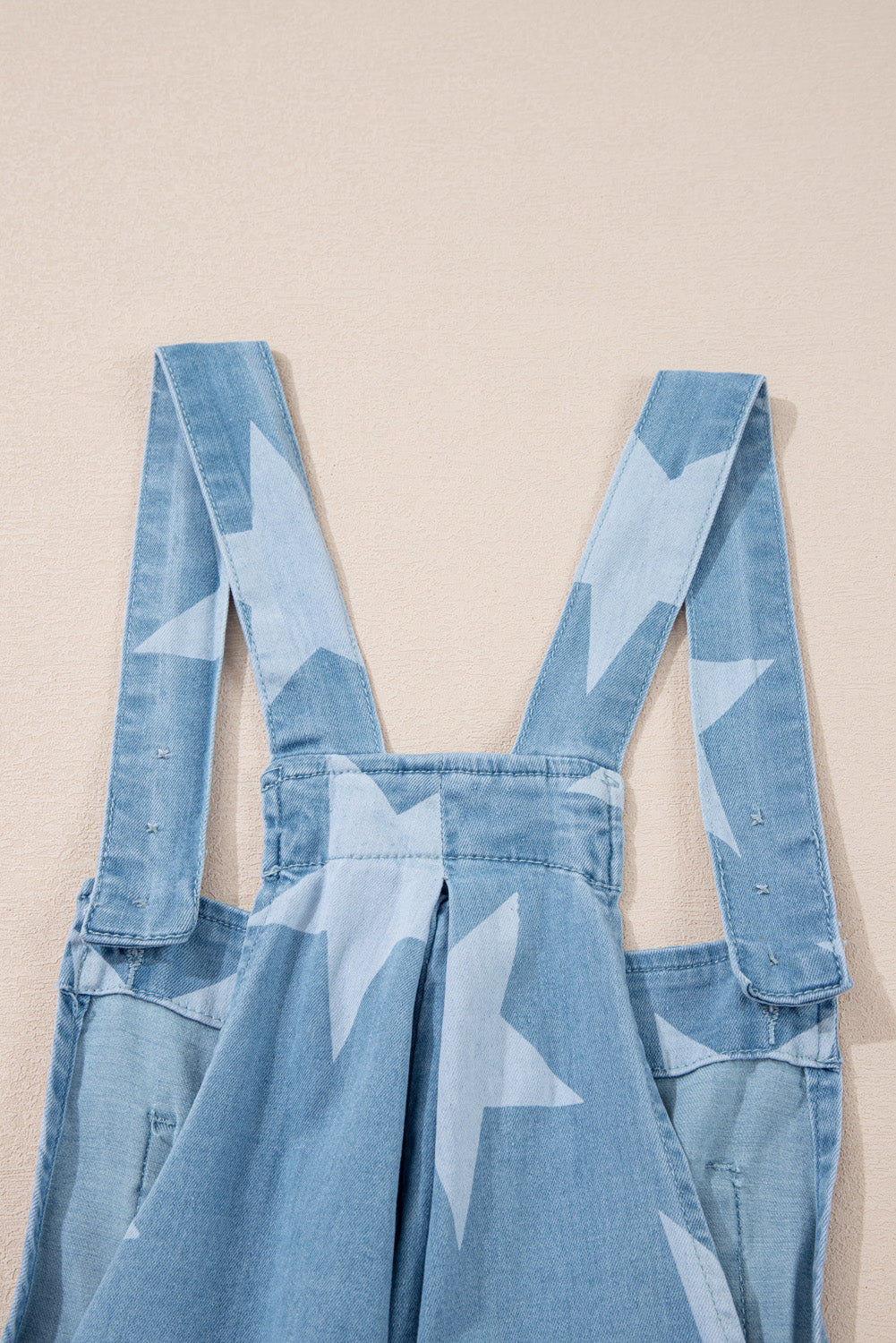 Star Printed Buttoned Straps Pocketed Denim Romper | Light Blue