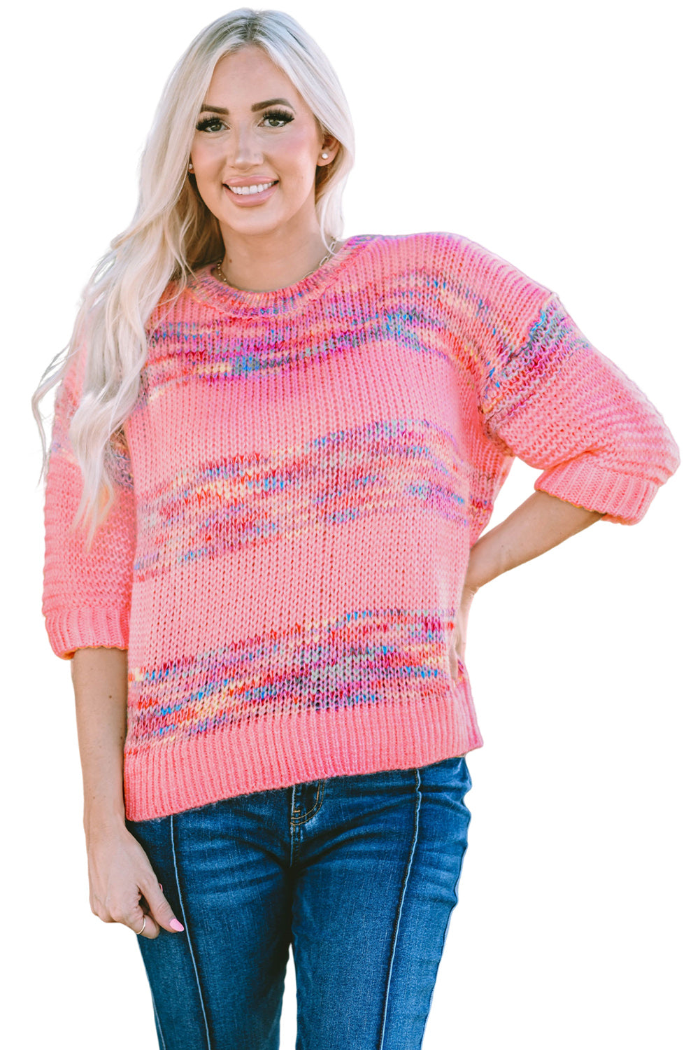 Colourful Stripes 3/4 Sleeve Loose Sweater | Rose