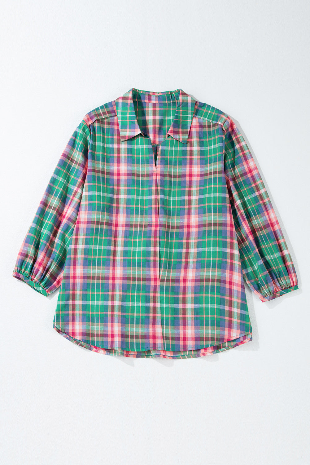 Checkered 3/4 Sleeve Collared Loose Fit Shirt | Green