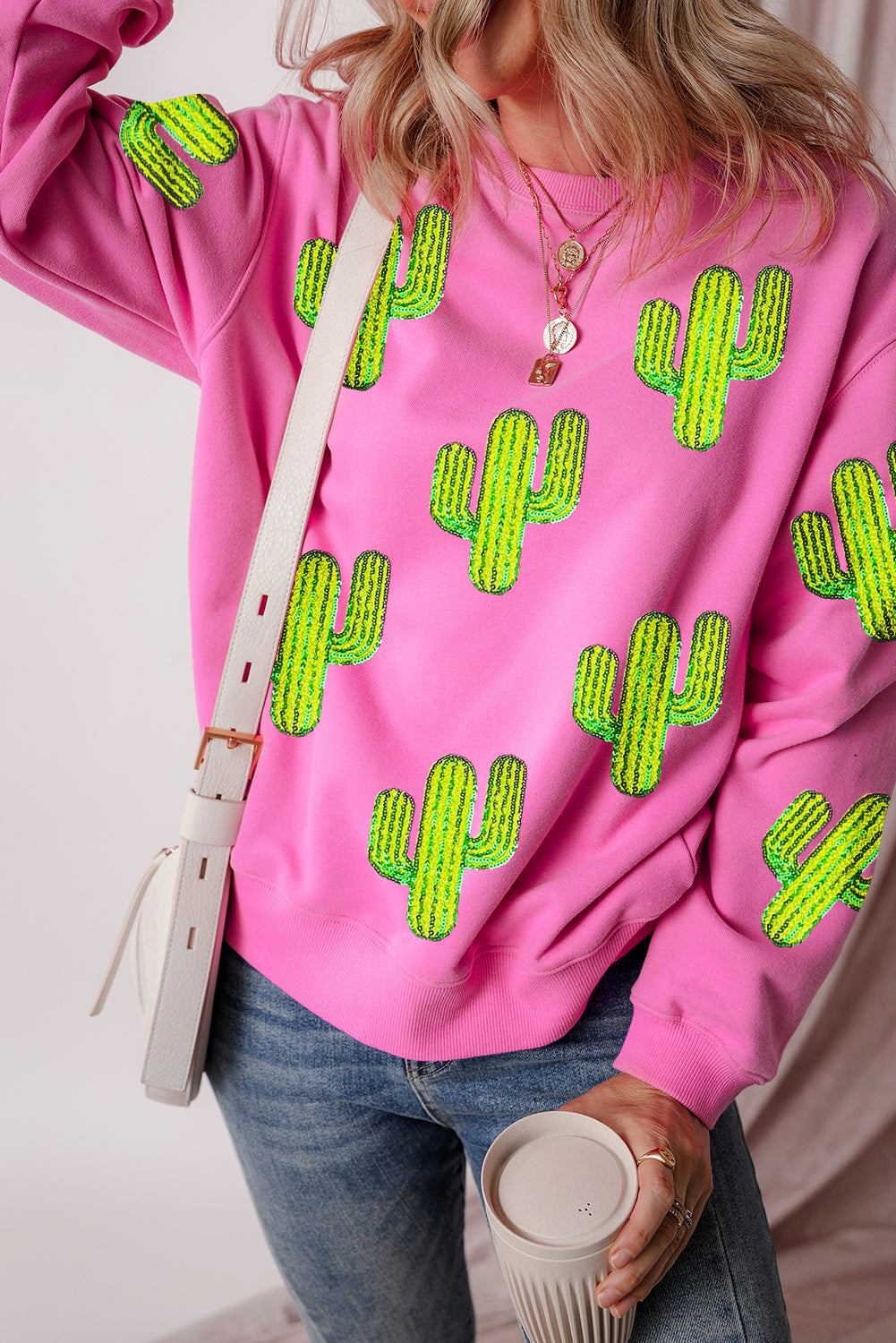 Sequined Cactus Pattern Crewneck Pullover Sweatshirt | Bonbon