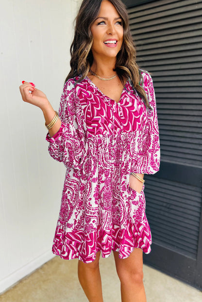 Bohemian Print Puff Sleeve Tied V Neck Flared Mini Dress | Rose