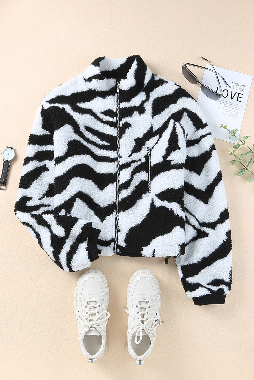 Zebra Teddy Zip-Up High Neck Jacket | Black