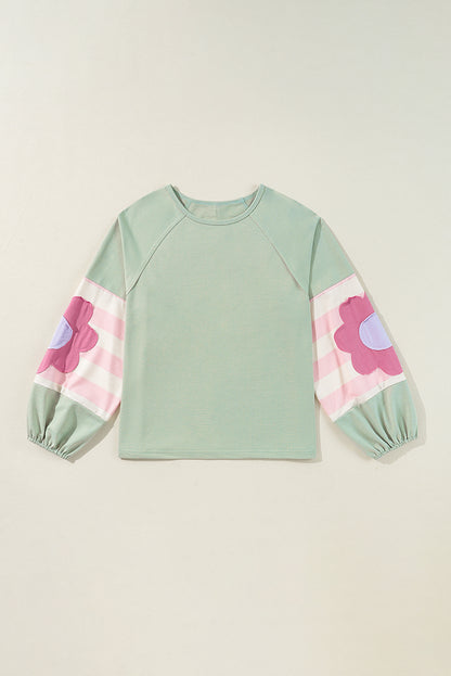 Flower Patchwork Raglan Sleeve Exposed Seam Oversized Top | Smoke Green