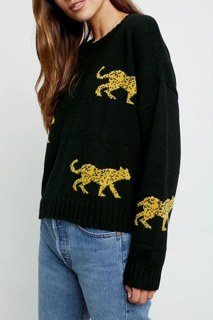 Cheetah Pattern Knit Round Neck Sweater | Black