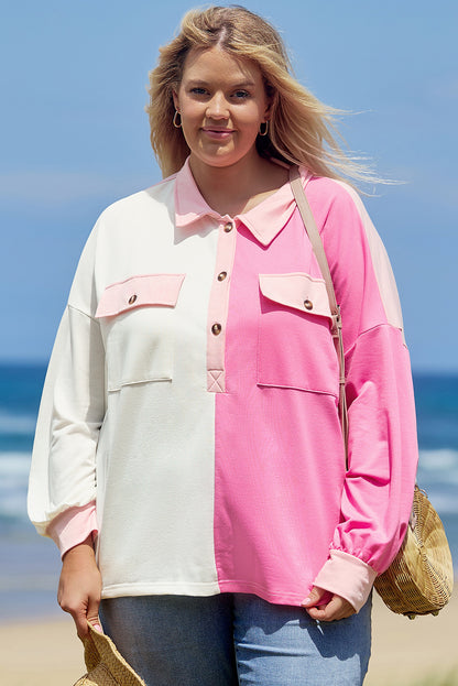 Colour Block Chest Pockets Half Button Plus Size Sweatshirt | Bonbon