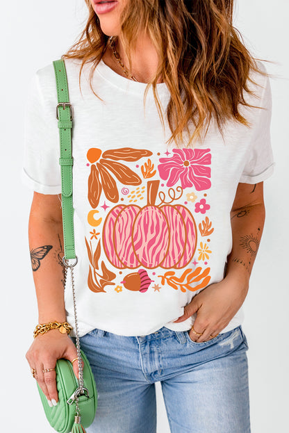 Floral Pumpkin Printed Crewneck Thanksgiving T Shirt | White